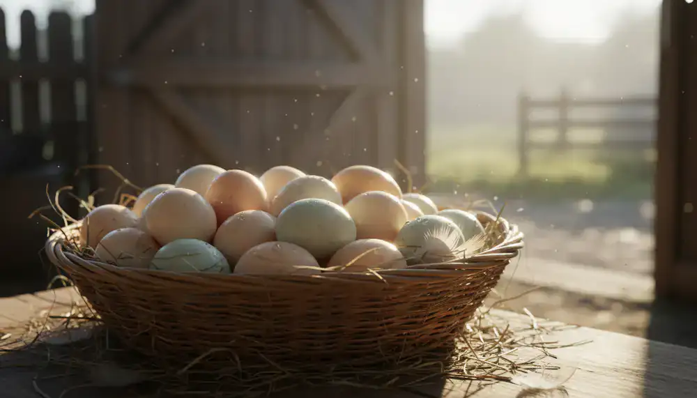 Panier rempli d'œufs frais ramassés le matin à la ferme